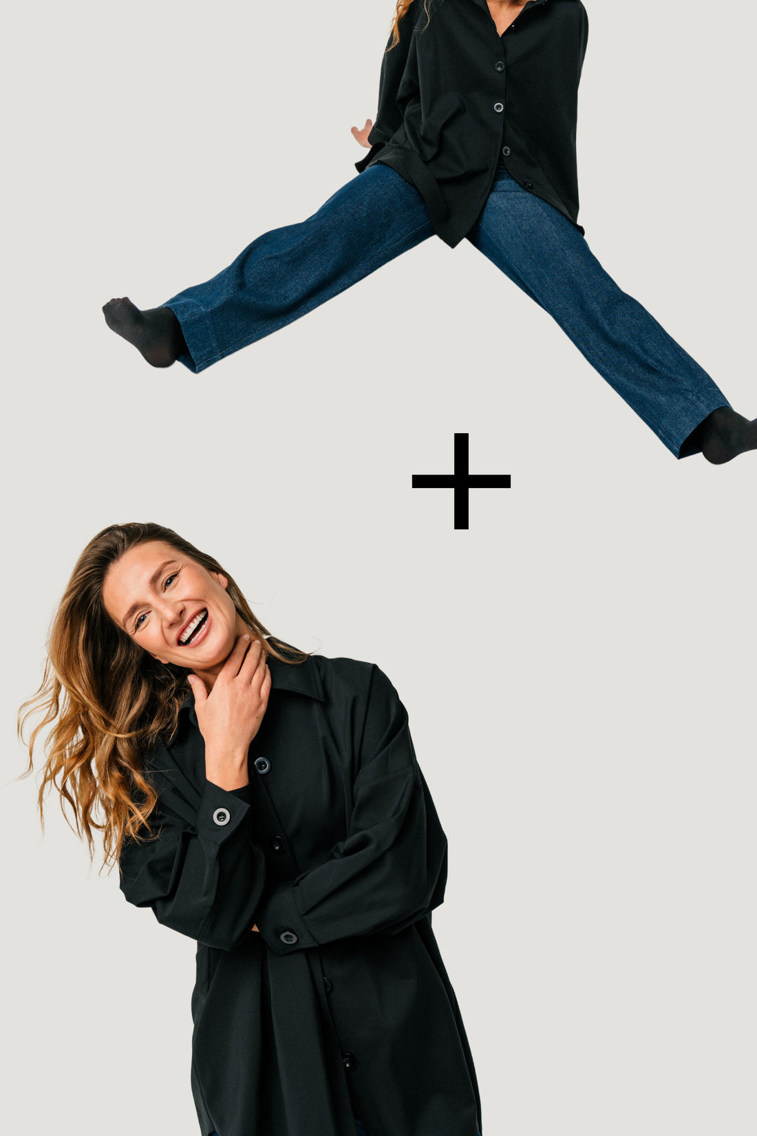 Juodi oversized marškiniai + denim kelnės